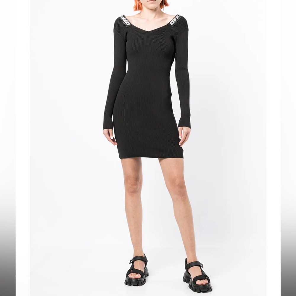 Off-White c/o Virgil Abloh logo-tape long sleeve ribbed dress NWT